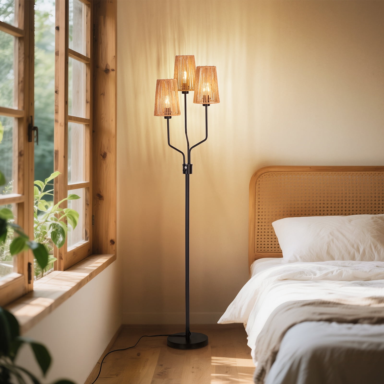 SUNMORY Rattan Floor Lamp, Floor Lamps for Living Room with 3 Tier Dimmable Lighting, Bedroom Floor Lamp for Farmhouse, Rustic Floor Light, Boho Style, Ideal for Living Room, Bedroom, Sofa