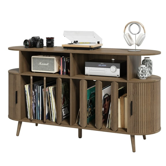 Hersunpl Large Walnut Mid-Century Record Player Stand with Charging Station – Stylish Vinyl Storage Cabinet for Living Room, Bedroom, or Office