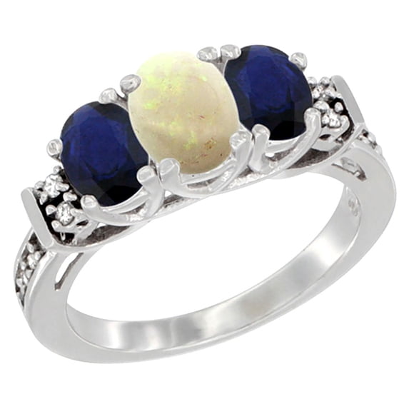 10K White Gold Natural Opal & HQ Blue Sapphire Ring 3-Stone Oval Diamond Accent, size 7