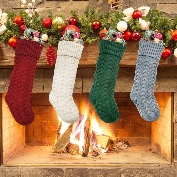 18/15in Inches Christmas Stockings Bulk, 4 Pack Large Size Cable Knitted Fireplace Hanging Stockings for Family Holiday Xmas Party Decorations, Burgundy&Ivory White&Green&Grey