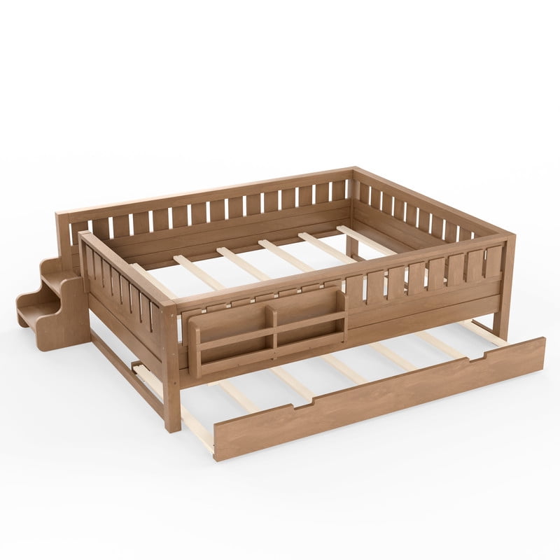 Queen Size Low-Profile Kid's Platform Bed with Built-in Bookshelves & Small Staircase, Wooden Bed Frame with Safety Rails & Trundle