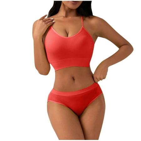Summer Savings Clearance! Ynynloco Women s Spaghetti Straps Wireless Sports Bras with High Waisted Panty Comfy Seamless Workout 2 Piece Yoga Lingerie Set