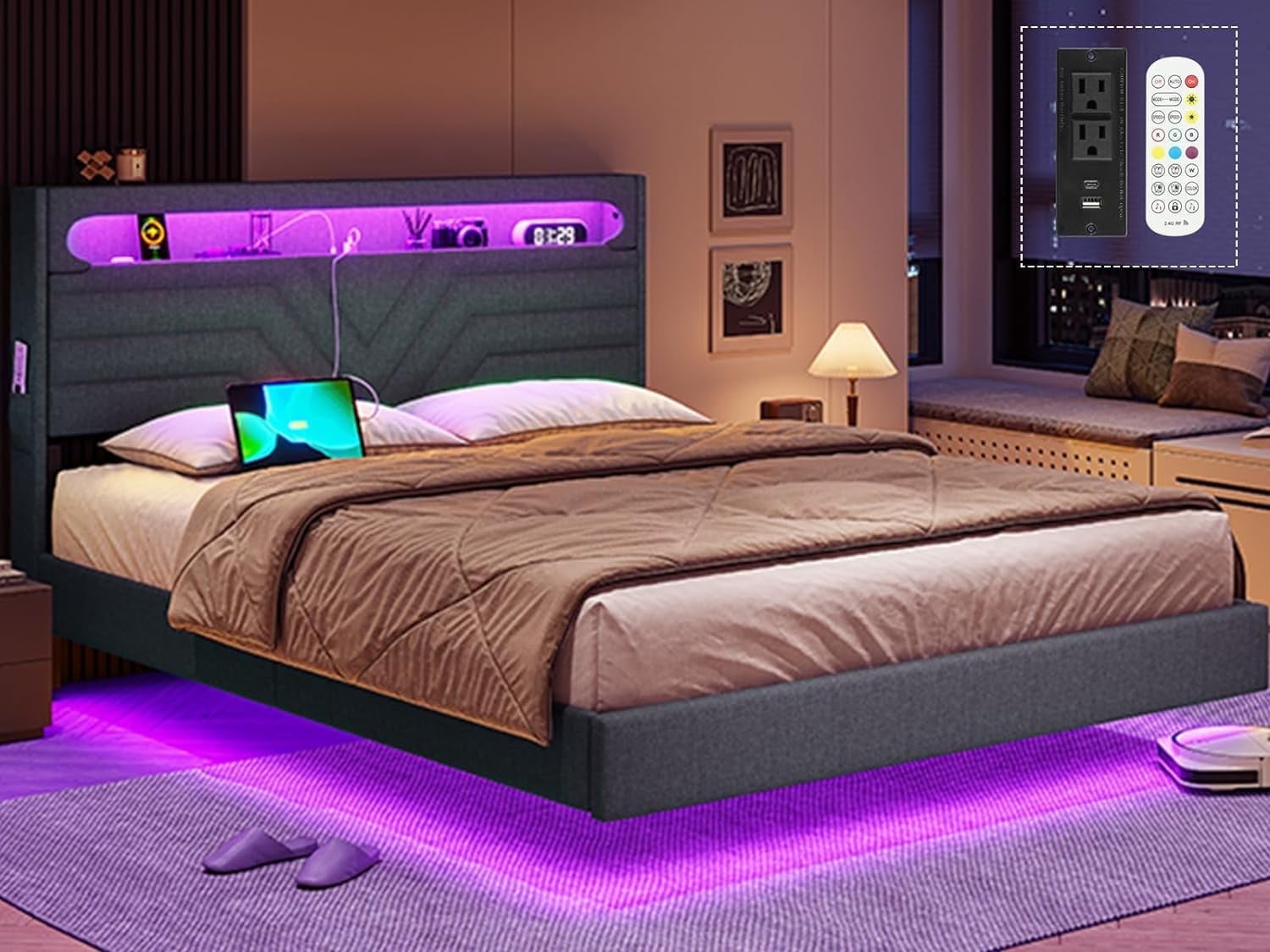 Floating Bed Frame Full Size with LED Lights Headboard, USB-C/A Power Combo,Upholstered Platform Bed with Storage,Dark Gray
