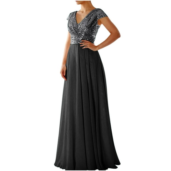 purcolt Women's V Neck Sparkly Glitter Sequin Chiffon Maxi Dresses Formal Gowns Wedding Guest Dresses Evening Party Cocktail Dress