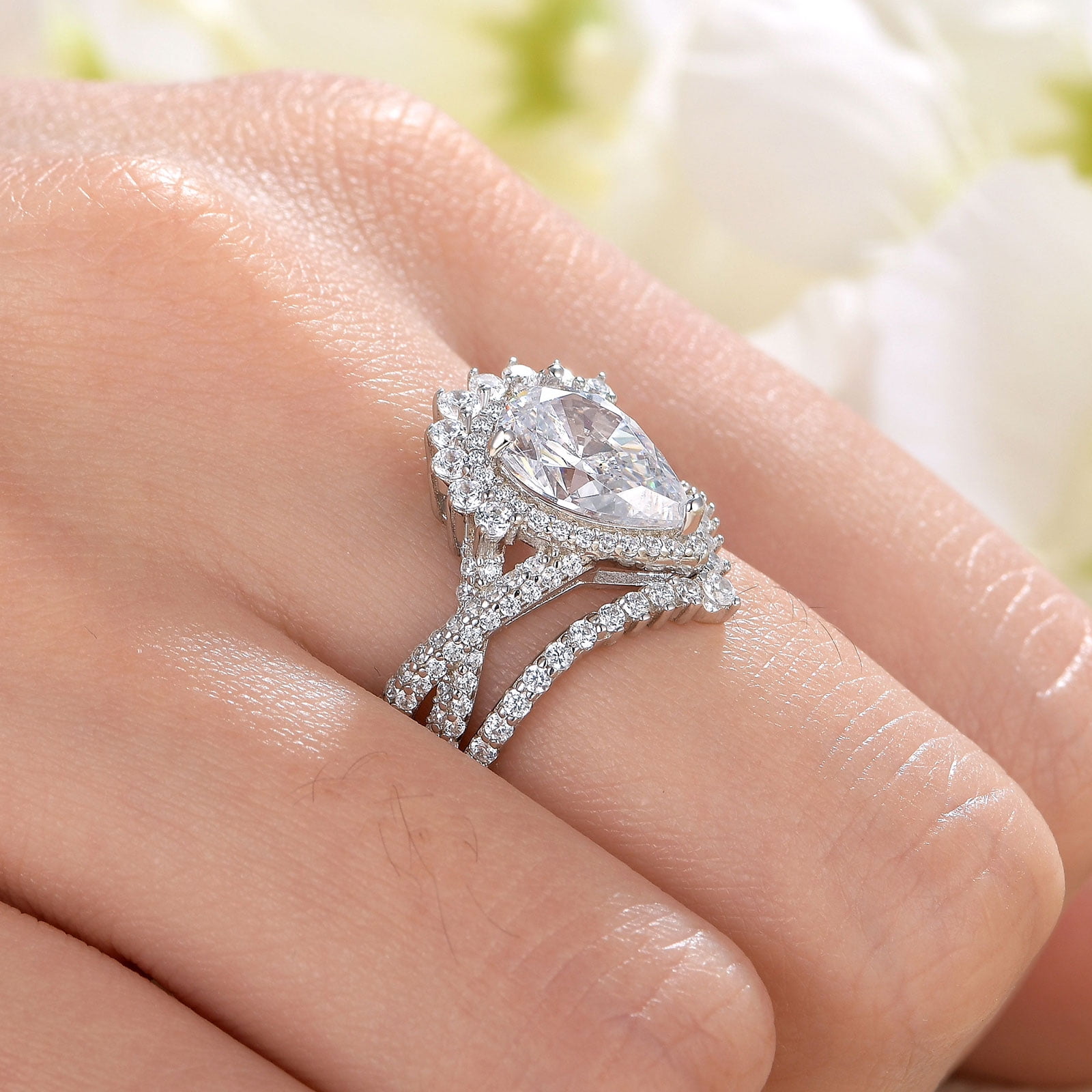 Newshe Jewellery Pear Cut Wedding Ring Set with Curved Band Wedding Rings for Women Sterling Silver AAAAA Cz Size 8