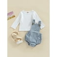 thumbnail image 2 of Baby 2PCS Spring Romper Suit, Long Sleeve Plain Ribbed Crew Tops+ Buckle Shoulder Straps Snap Triangle Suspender Romper, 2 of 9