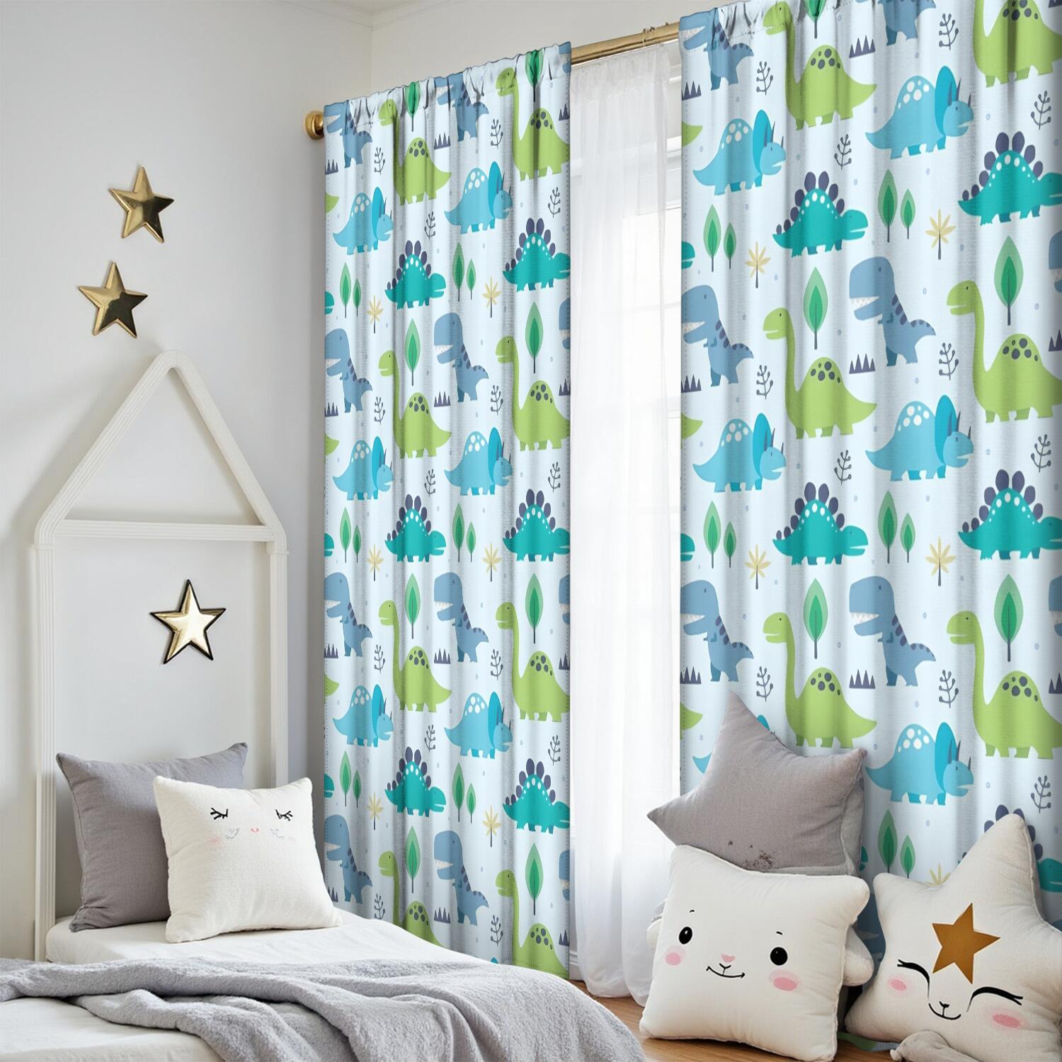 Blackout Kids Curtains,LightBlue Cartoon Dinosaurs Trees Pattern Childrens Insulated Curtains Set Of 2,Bedroom Essentials,Toddler Room Decor 52"x84"