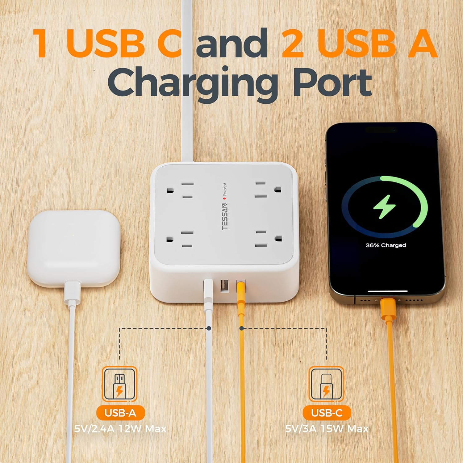 Surge Protector Power Strip, 5 Ft Flat Plug Extension Cord with 3 USB (1 C) 8 Outlets, 1250W, 900J Protection, Sided Outlet Extender Switch for Office, Dorm Room, Grey