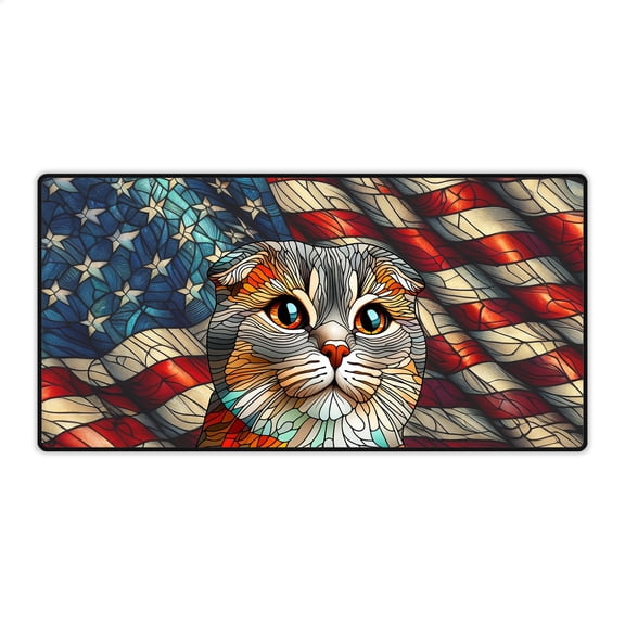 Patriotic Scottish Fold Stained Glass Portrait American Flag Desk Mat Full Keyboard Mouse Pad Cat Lover Kitten Owner Gifts Large Mousepad - 01010