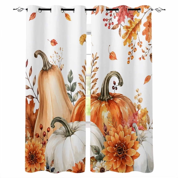 Orange White Pumpkins Fall Blackout Curtains Light Blocking Print Window Curtains, Thanksgiving Floral Botanical Thermal Insulated Window Drapes for Living Room Kitchen Cafe (2 Panels, 55"W x 39"L)