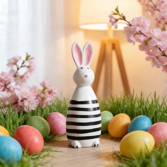 Wooden White and Black Striped Bunny Figurine Ornament | High Grade Wood Decor | Multicolor | Easter Party Decoration | Easy Storage | 1 Piece | 5.7x1.9 in