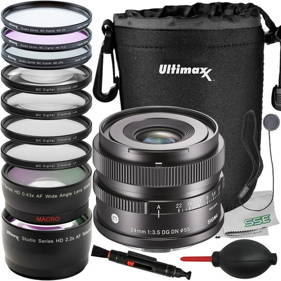 Ultimaxx Advanced Sigma 24mm f/3.5 Contemporary Lens Bundle (E-Mount) - Includes: 2.2x Telephoto Lens Attachment, 3PC Protective Filter Kit (UV, CPL, FLD) & More (19pc Bundle)