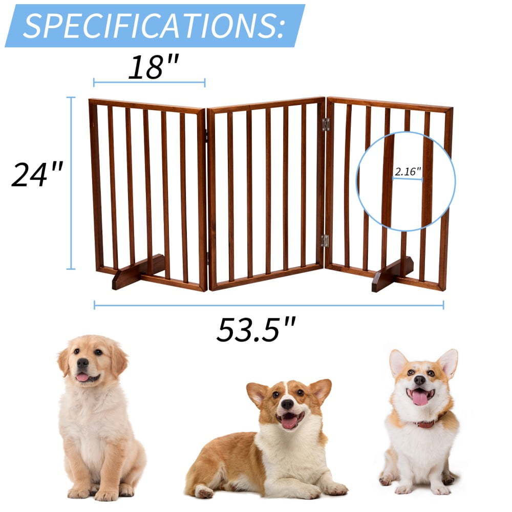 IVV 24"H Wooden Freestanding Pet Gate for Puppies, 3-Panels Dog Gate for The House, Doorway, Stairs, 53.5" Wide Pet Puppy Safety Fence (Brown)