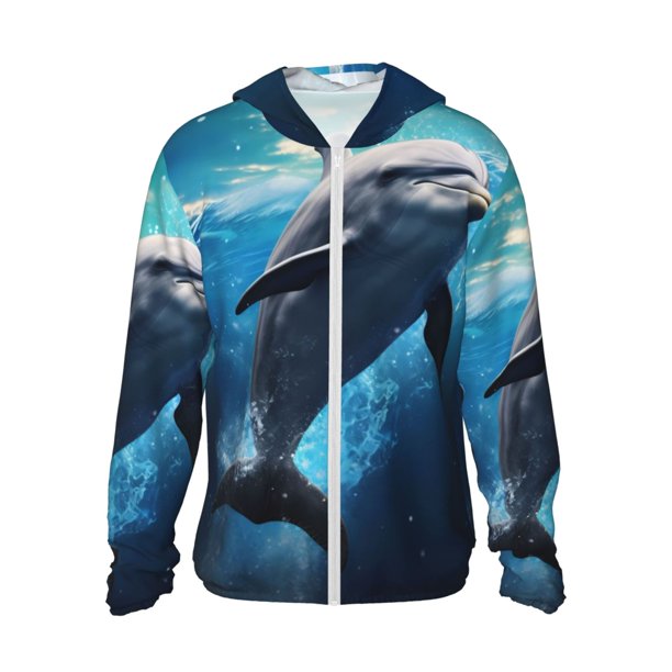 Balery Ice Blue Ocean Cute Dolphin Sudadera ligera de manga larga con capucha y protección solar UPF 50+ para hombre y mujer, ideal para pesca y running-X-Large