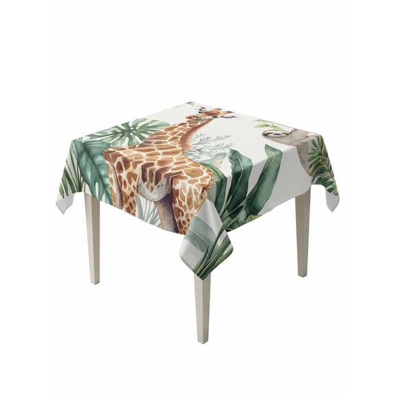 Tropical Giraffe Sloth Table Cloth, Watercolor Summer Palm Leaf Waterproof Tablecloth for Square Tables, Reusable Washable Fabric Table Cover for Restaurant Kitchen Dining Tables 60"x60"