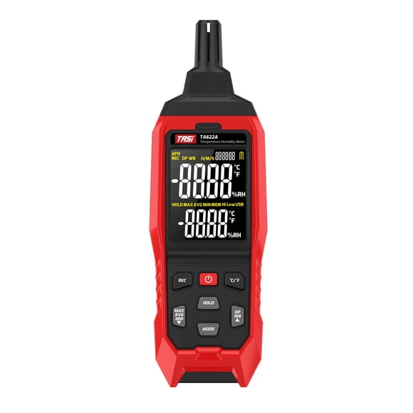 TASI Professional TASI TA622A Industrial Hygrometer with Dual Temperature Scales, Data Storage, and LCD Display for Accurate Ambient, Wet Bulb, and Dew Point Measurements (Black & Red, Battery Not
