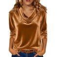 thumbnail image 3 of TaTaai Women's Solid Color Golden Velvet Drape Pleated Collar Three Quarter Sleeve Blouses, Elegant Temperament Commute All Match Slim Tops Gift, 3 of 8