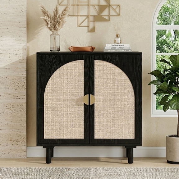 LFGUIZO 29.7" Black Sideboard with Power Outlets, 2 Doors and 1 Adjustable Shelf, Modern Rattan Accent Storage Cabinet for Dining Room