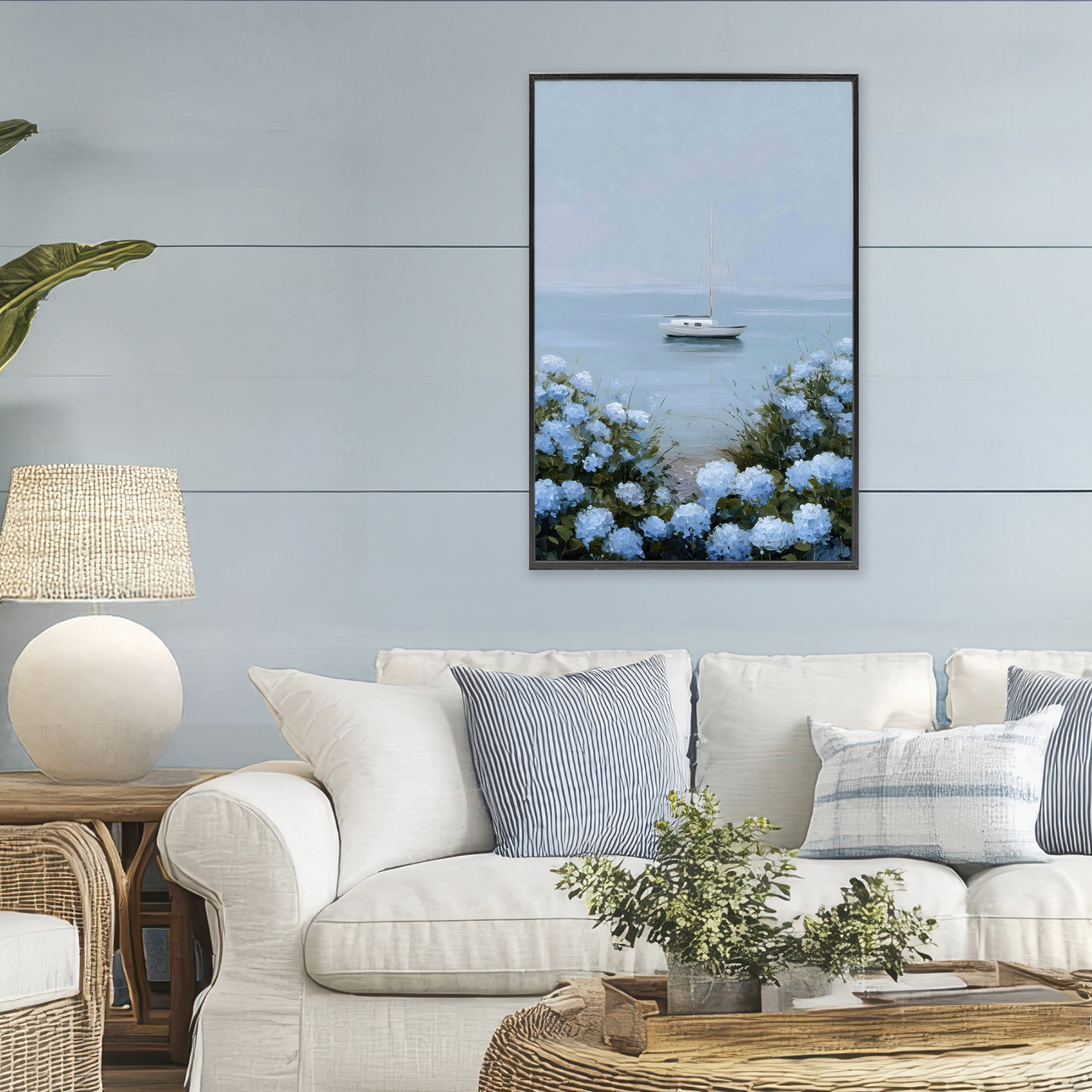 Stupell Industries Yacht in Floral Bay Black Framed Giclee Art, design by Petal Prints Design