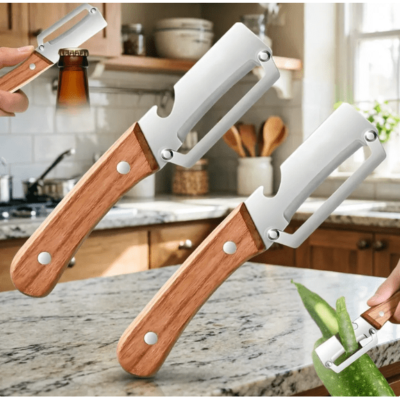 Premium Vegetable Peeler with Wooden Handle and Bottle Opener: 2-in-1 Stainless Steel Kitchen Tool for Fruit Apple Potato Pumpkin Papaya (2 PCS)