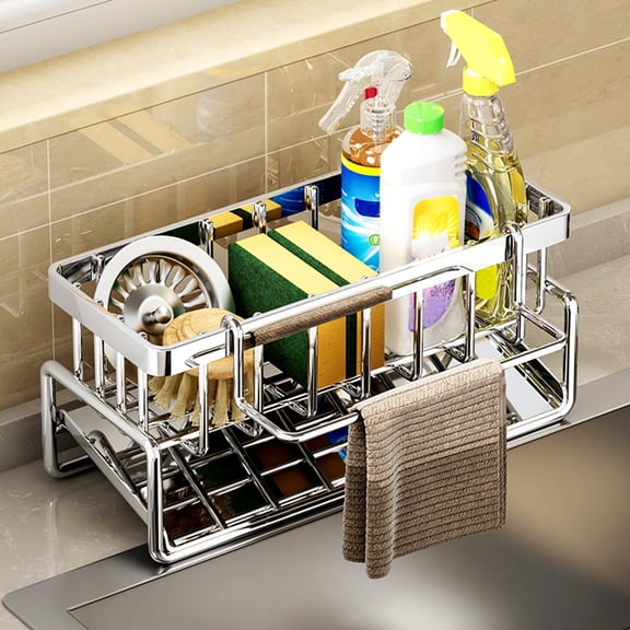 Bxaolu Sponge Holder for Kitchen Sink - Sink Caddy Organizer with Auto Drain Tray, Detachable Towel Rack, Stainless Steel Kitchen Counter Storage Organizer Rack, Silver