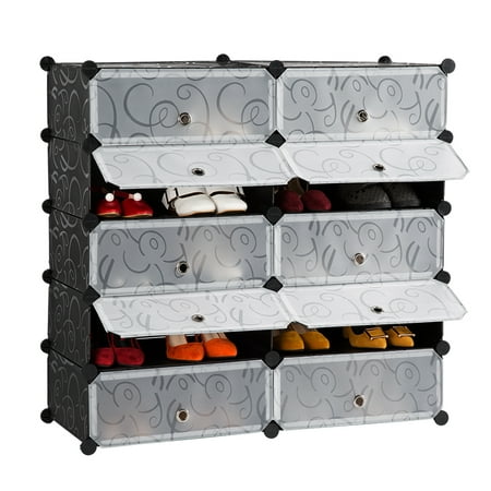 Modular Drawer Organizers (LANGRIA 10-Cube DIY Shoe Rack, Storage Drawer Unit Multi Use Modular Organizer Plastic Cabinet with Doors, Black and White Curly)