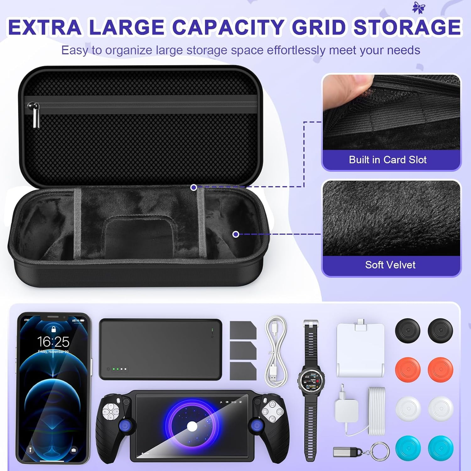 Uberwith Accessories Kit for PlayStation Portal, Carrying Case Bundle and Magnetic Portable Charger for PS5 Portal with Protective Case, 2 Screen Protectors, Wired Headphone, 8 Thumb Grips (Black)