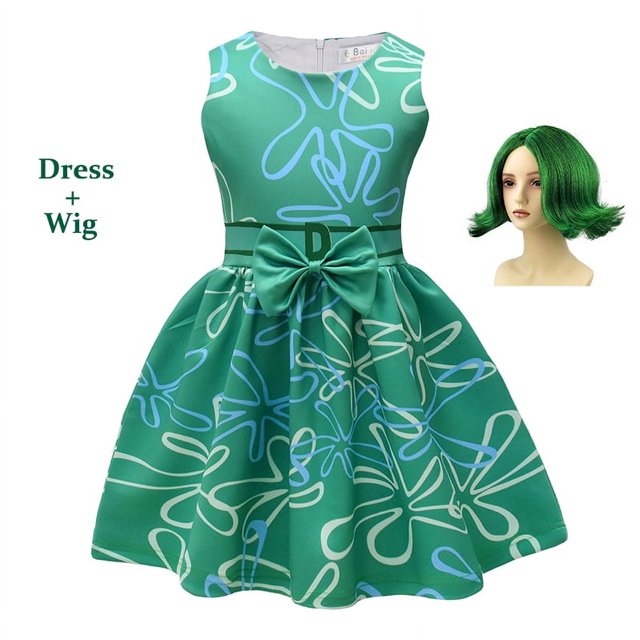 Disfraz de princesa Disney Inside Out Joy Disgust + peluca para niñas, para Halloween, carnaval, cumpleaños, disfraces de felicidad