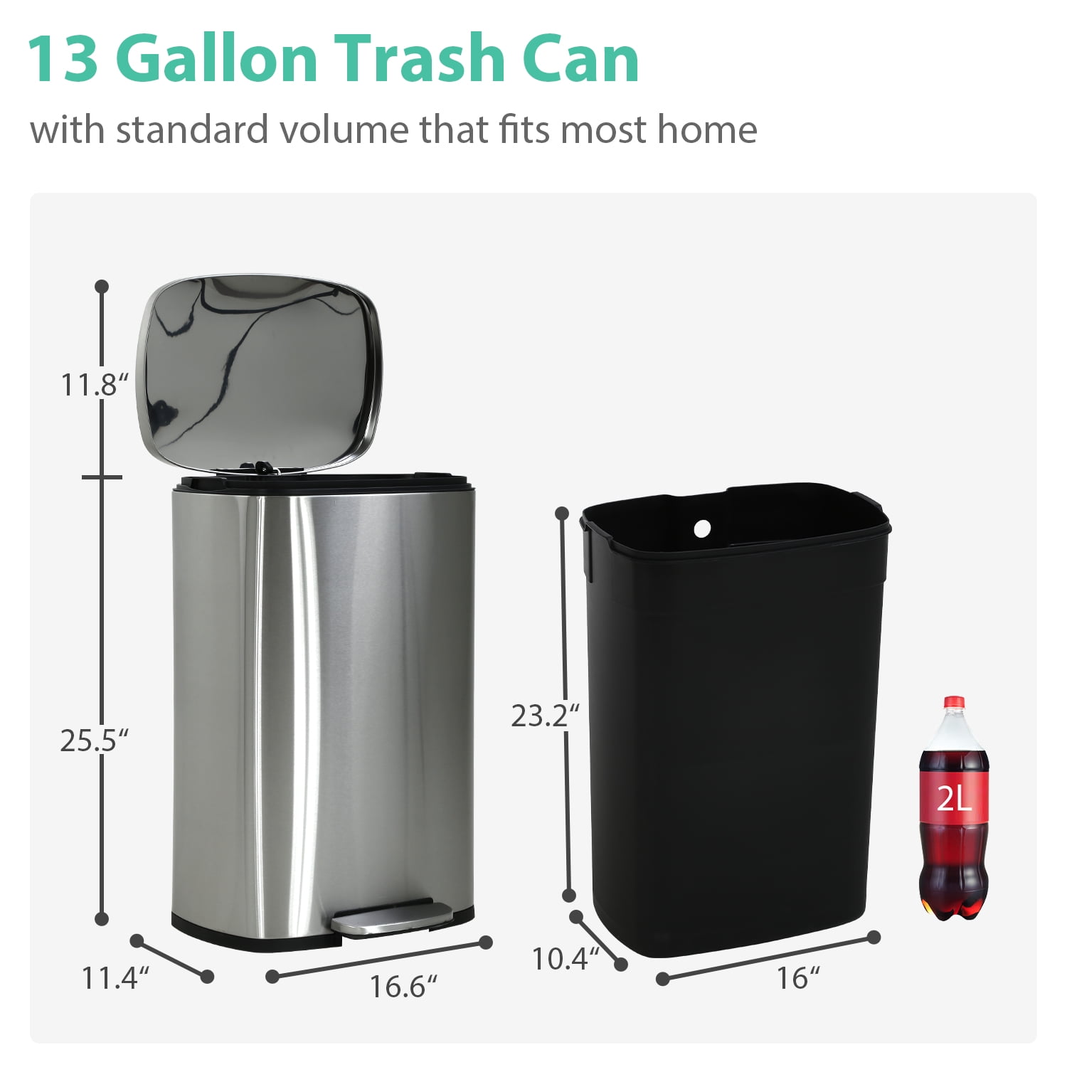 CL.HPAHKL 13 Gallon Step-on Trash Can with Soft-Close Lid, Stainless Steel Kitchen Garbage Can with Foot Pedal and Removable Inner Bucket, Fingerprint-Proof Trash bins for Home Office