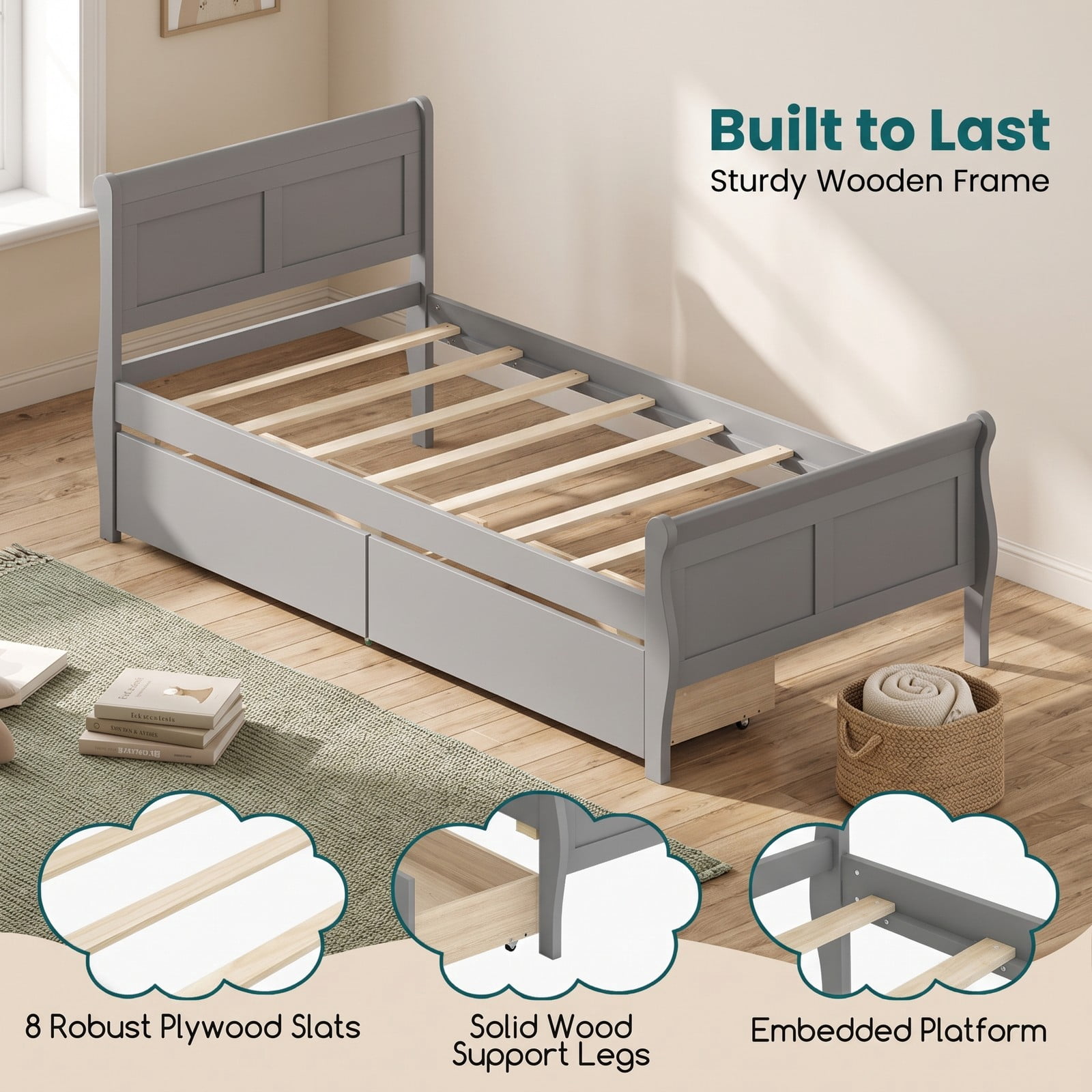 Furnibear Twin Bed Frame with Storage, Wood Sleigh Bed with 2 Storage Drawers and Curved Headboard, Space Saving, Gray