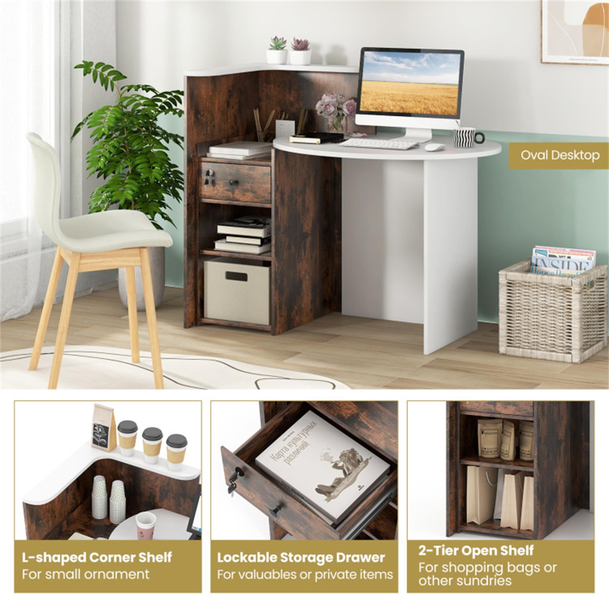Demi Bonn Front Reception Office Desk with Open Shelf and Lockable Drawer, Small Home Computer Desk Study Writing Table, White + Brown