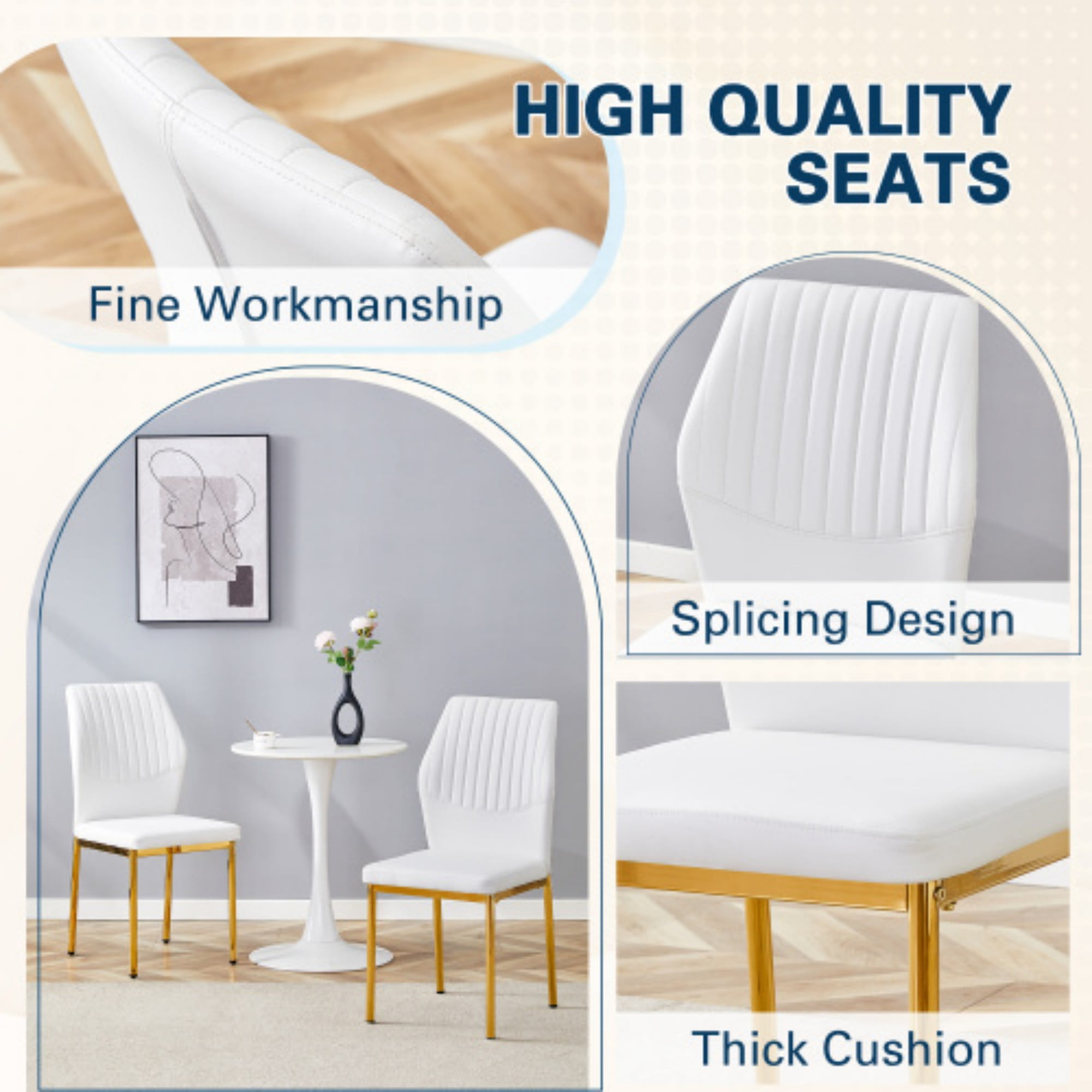 SUDICA Dining Chairs Set of 4,Modern Dining Room Chairs Set of 4,Faux Leather Dining Chairs with Gold Metal Legs,Sturdy White Kitchen Chairs Ideal for Dining Room,Kitchen,Living Room