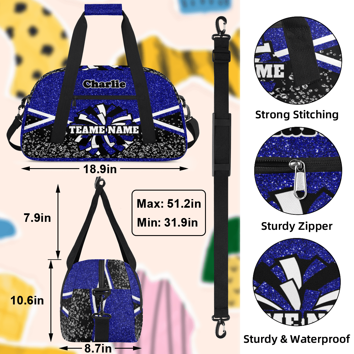 Personalized Cheerleader Bag Dance Bag, Custom Team Bag Gym Bag Sport Duffel Bag, Weekender Bags Travel Bag for Cheer Team Blue Glitter