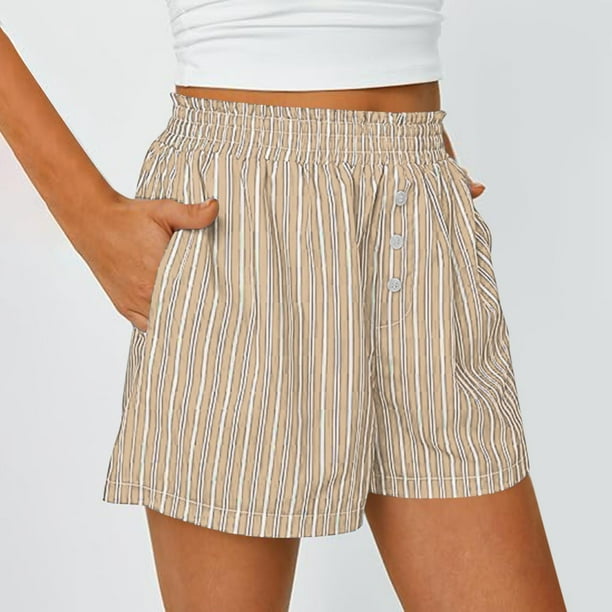 MKLEKYY Pantalones Cortos de Mezclilla para Mujer, Pantalones Cortos de Verano A Rayas con Bolsillos, Informales, Holgados, con Cintura Elástica y Botones