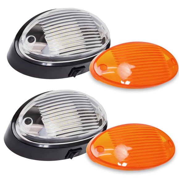 2 Lumières Utilitaires Extérieures pour Porche RV LED Ovales 12v 300 Lumens Éclairage de Remplacement pour RVs, Remorques, Campeurs, 5e Roues. Base Noire, Lentille Claire et Ambrée (Noir avec Interrupteur Marche/arrêt, Lot de 2)