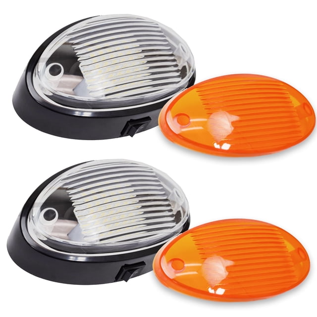 2 Lumières Utilitaires Extérieures pour Porche RV LED Ovales 12v 300 Lumens Éclairage de Remplacement pour RVs, Remorques, Campeurs, 5e Roues. Base Noire, Lentille Claire et Ambrée (Noir avec Interrupteur Marche/arrêt, Lot de 2)