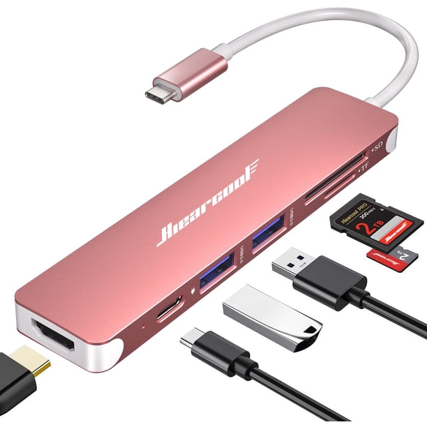 Hub USB C Hiearcool 7 en 1 con HDMI 4K, USB 3.0, SD/TF, oro rosa