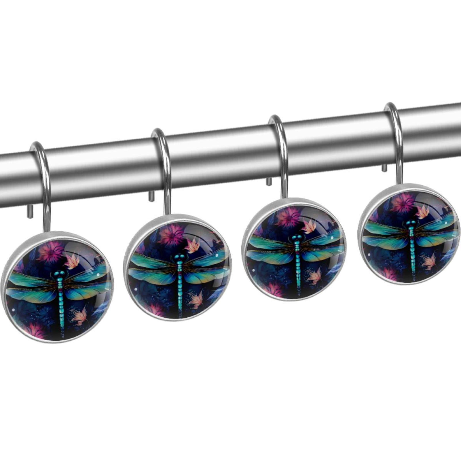Dragonfly Shower Curtain Hooks （Set of 12） for Home Hotel Shower Rods Bathroom Crystal Glass Print Stainless Steel Round Curtain Hooks