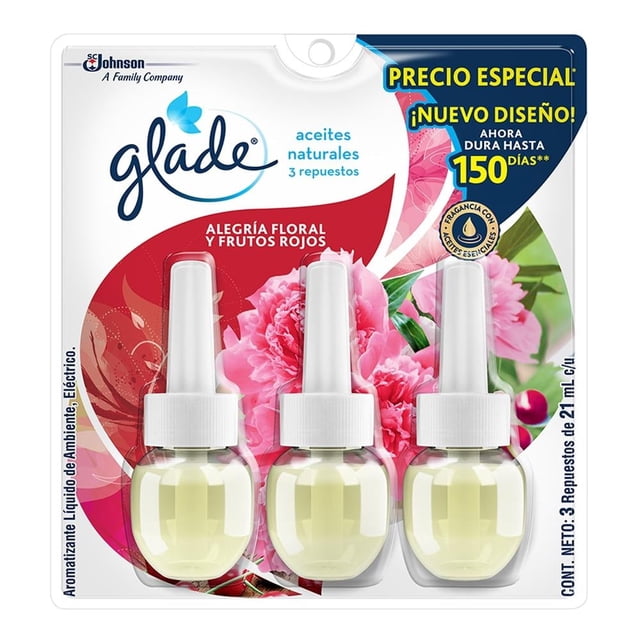 Repuesto de aromatizante ambiental Glade Aceites Naturales eléctrico alegría floral y frutos rojos 3 pzas de 21 ml c/u