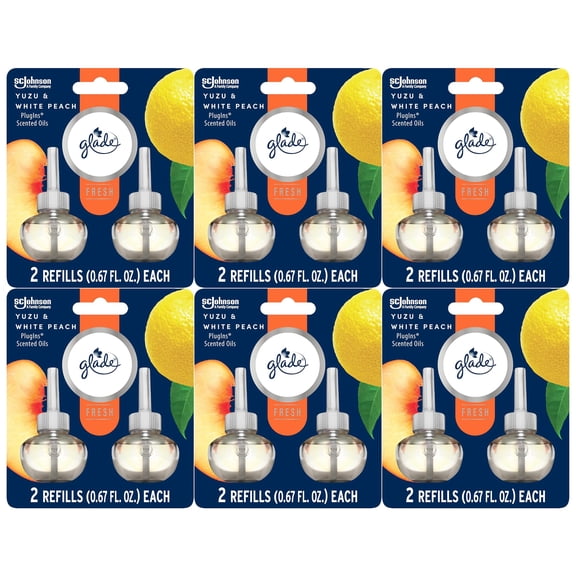 Glade PlugIns Scented 2-Count Oil Refills, Yuzu & White Peach – 6 Pack (0.67 oz Each) – Long-Lasting Air Freshener Refill for Home, Office & Bathroom