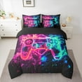 thumbnail image 3 of Manfei Kids Game Console 7-Piece Twin Bedding Sets, Pink Cyan Stripes Bedding Comforter Set, Cartoon Gamepad Reversible Sheet Sets, Lightweight Room Decor, 3 of 8