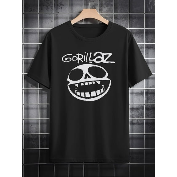 Gorillaz Graphic Print T-Shirt for Men, Casual Crew Neck, Cotton Tee with Slight Stretch, Summer Knit Fabric Regular Fit, with Humorous Skull Design, for Fashionable Men'S Short Sleeve Shirt