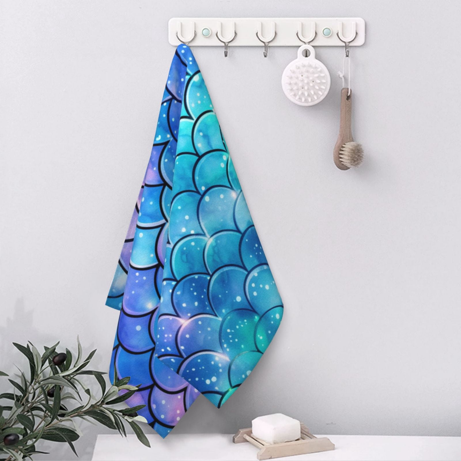 Mermaid Scales Fish Scale Blue 27.5" x 16" Ultra Soft Hand Towel, Face Wash Cloth for Bathroom, Gym, Travel, Pool