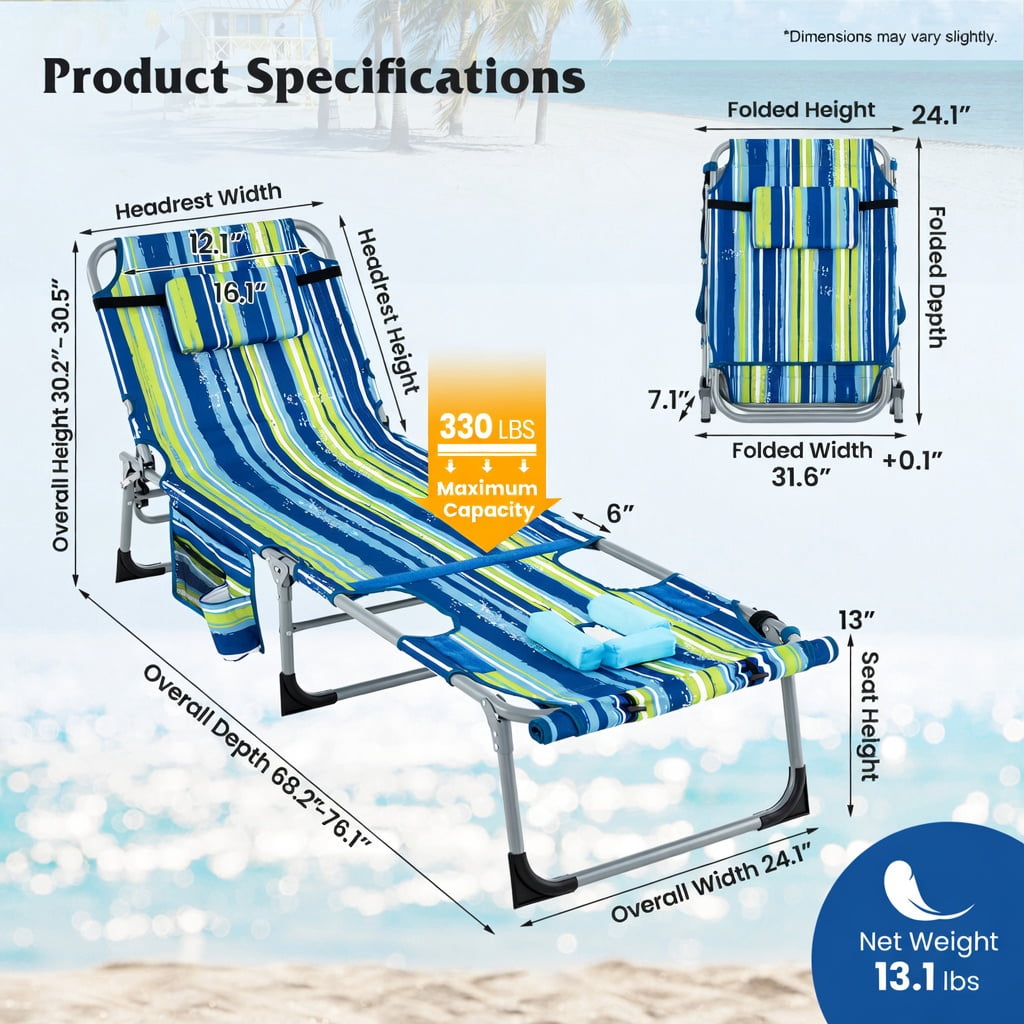 Hommoo 5-Position Adjustable Outdoor Folding Chaise Lounge Chair with Pillow, Lightweight, Portable & UV-Resistant, Blue & Green