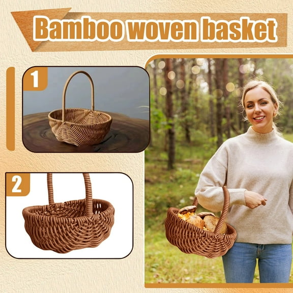 Handmade & Handwoven Imitation Rattan Mini Size Flower Basket With Handle, Gift Basket For Fresh Flower Arrangement & Floral Displays With Bamboo Weave Structure, Simple