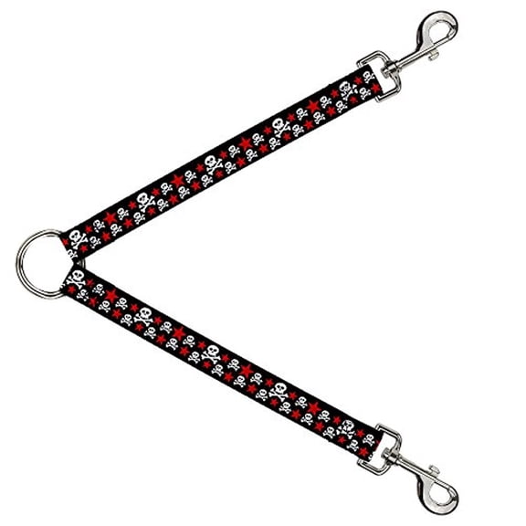 Buckle-Down Leash Splitter - Skulls & Stars Black White Red - 1" Wide - 30" Length