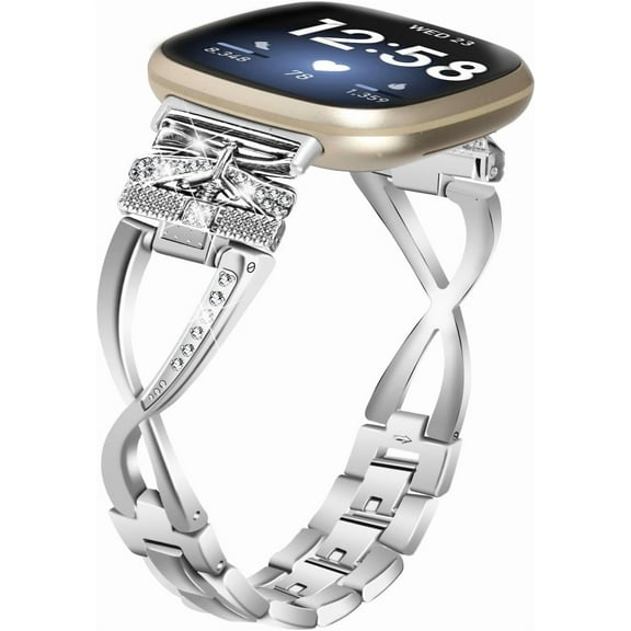 REQO Compatible With Fitbit Versa 4/Versa 3/ Sense 2/Sense Women Bling Metal Bracelet Bands,Diamond Shell Metal Band Jewelry Adjustable Bracelet Accessories Wristband Strap