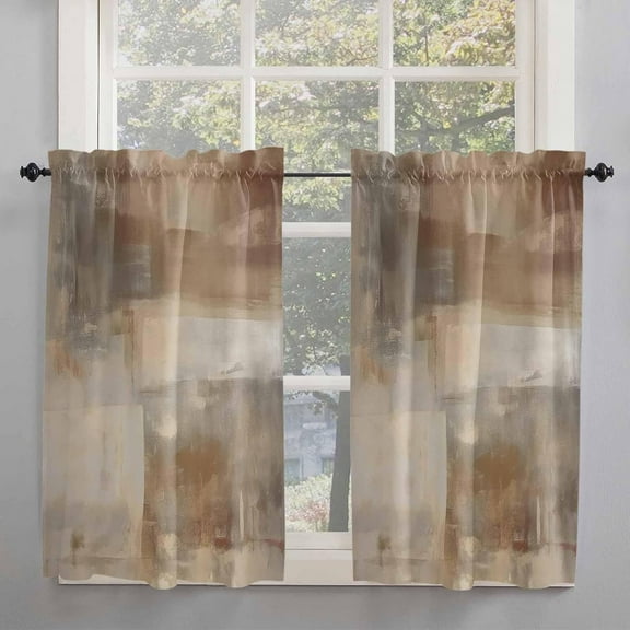 Brown Gray Ombre Window Short Curtains 63 Inch Length, Abstract Modern Oil Painting Art Rod Pocket Window Treatment Kitchen Drapes for Bedroom, Cafe, Living Room, 2 Panels, 52 W x 63 L