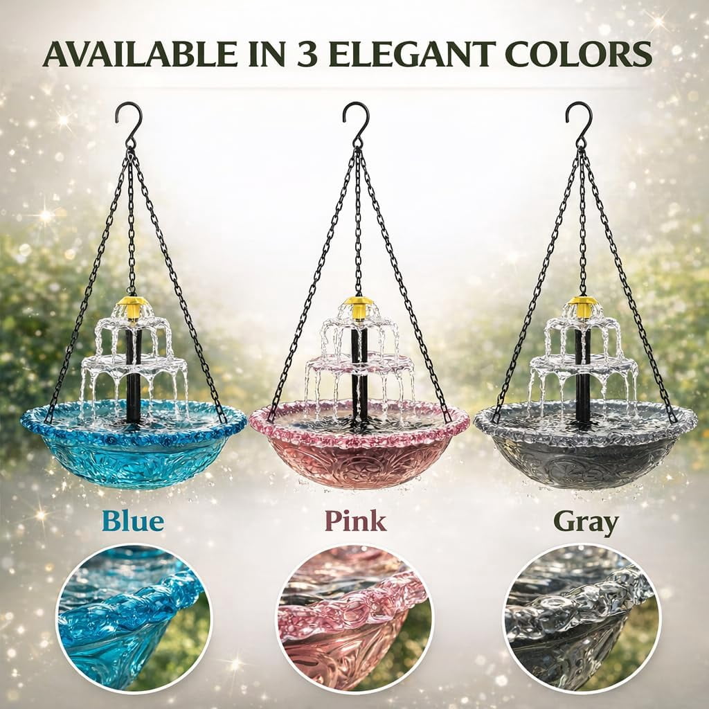 Solar Cascad Hanging Bird Bath Fountain, Powered Cascading Bath, Outdoor Fountains, with Fountain (Blue) Blue