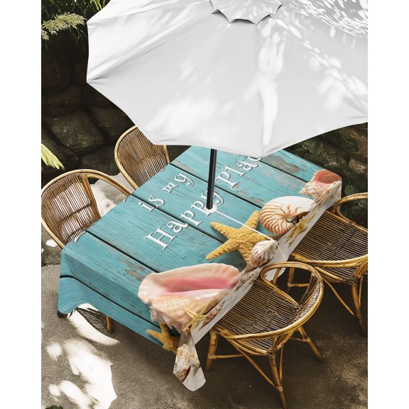 Outdoor Tablecloth with Umbrella Hole, Ocean Coastal Seashell Starfish Zippered Table Cloth for Rectangle Tables, Sandy Beach Teal Wood Plank Washable Waterproof Tablecloths for Picnic Patio Garden